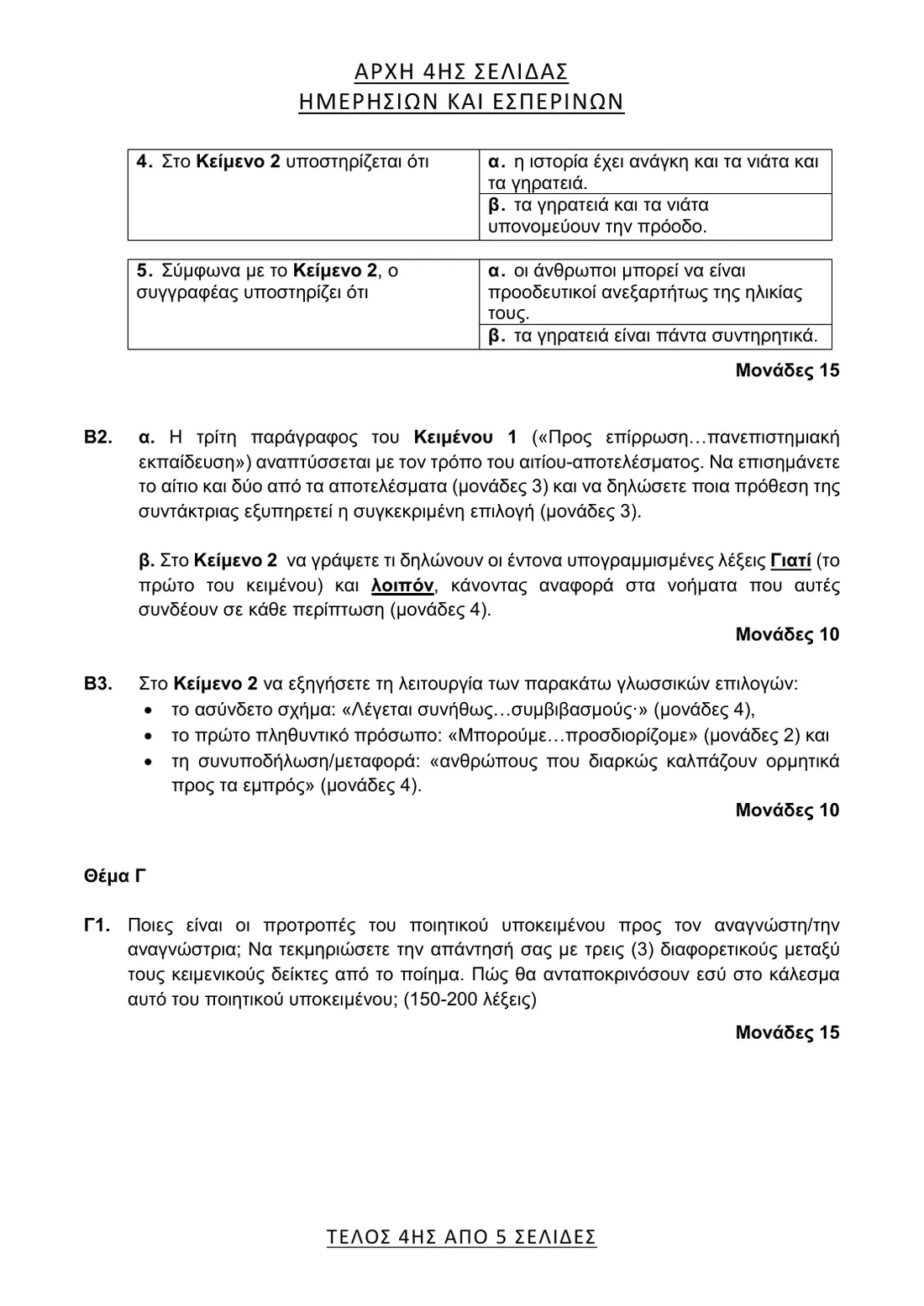 Σελίδα 4 από 5 του φύλλου θεμάτων — Νεοελληνική Γλώσσα & Λογοτεχνία. Το πλήρες κείμενο υπάρχει στο PDF.