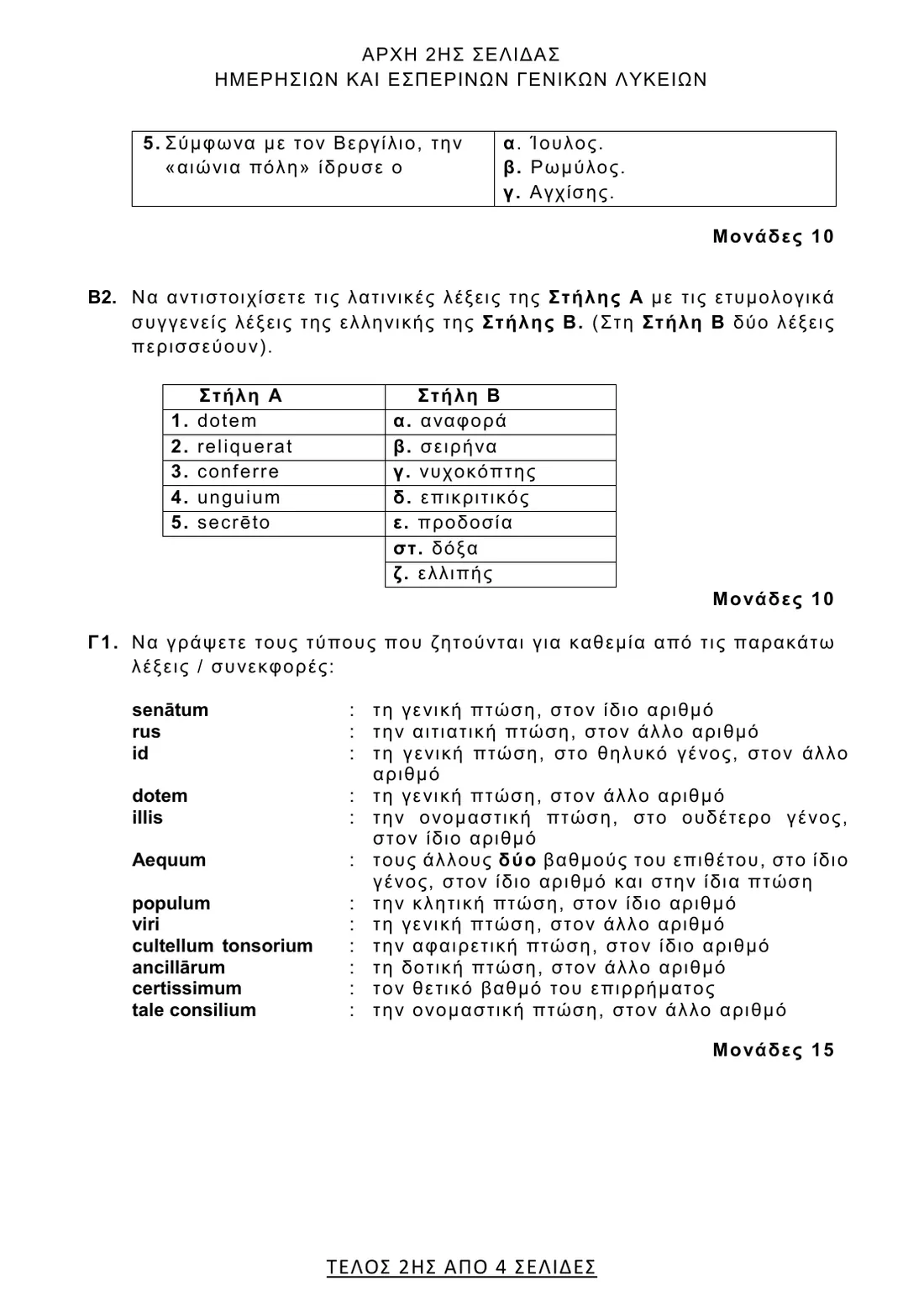 Σελίδα 2 από 4 του φύλλου θεμάτων — Λατινικά. Το πλήρες κείμενο υπάρχει στο PDF.